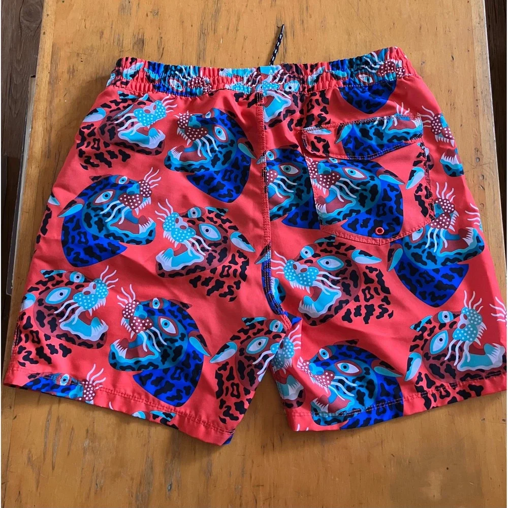 Hurley Swim Trunks Mens Medium Red Blue Tiger Leopard Print Shorts